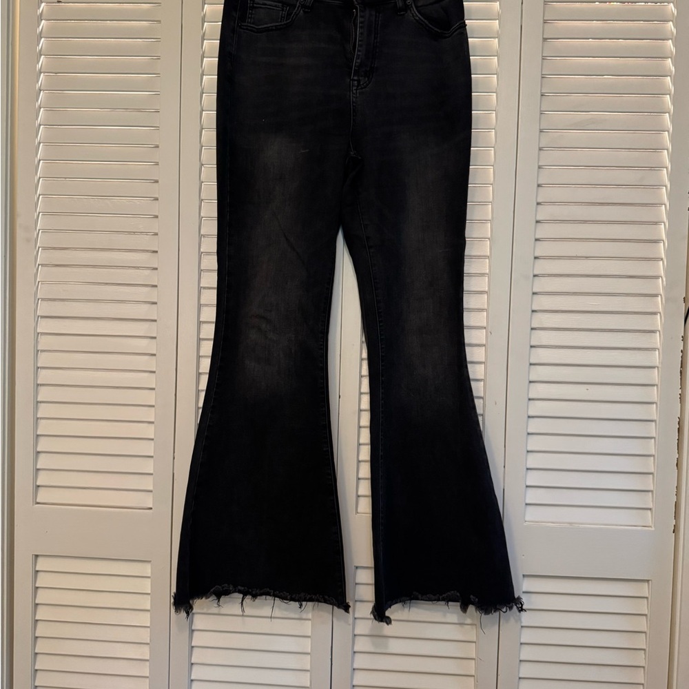 Black Wide Leg Flare Jeans with Distressed Hems
